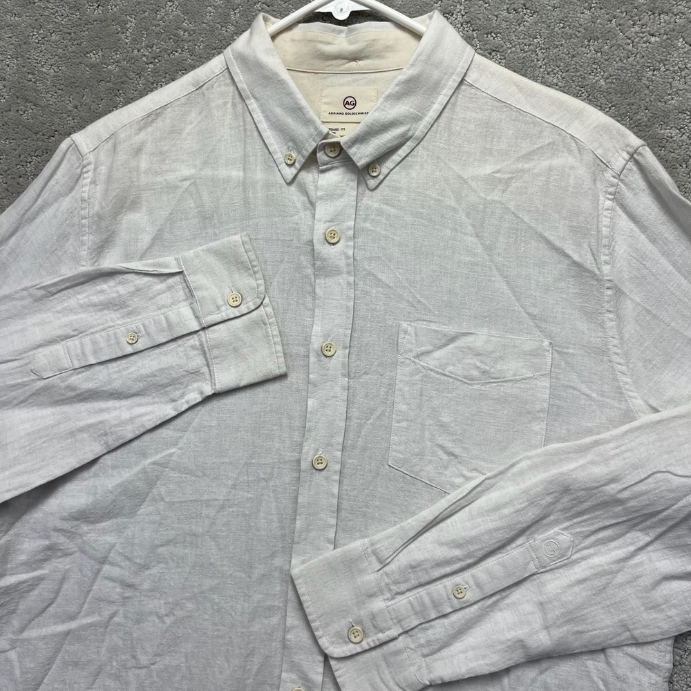AG Adriano Goldschmied Shirt Mens L White Cotton Linen Long Sleeve Button Down